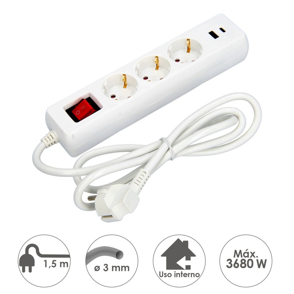 Base Multiple 3 Tomas Schucko y 2 tomas USB (A / C) Con Interruptor y Toma de Tierra 3 Base Multiple 3 Tomas Schucko y 2 tomas USB (A / C) Con Interruptor y Toma de Tierra
