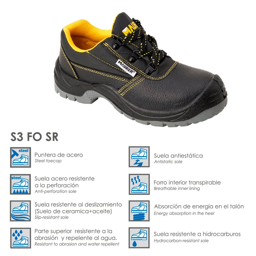 Zapato Bajo Seguridad Maurer S3 Modelo Capua Antideslizante Con Suela y Puntera Antiperación y Resistencia A Hidrocarburos Nº 2 Zapato Bajo Seguridad Maurer S3 Modelo Capua Antideslizante Con Suela y Puntera Antiperación y Resistencia A Hidrocarburos Nº
