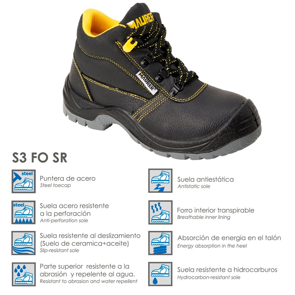 Botas Seguridad Maurer S3 Modelo Capua Antideslizante Con Suela y Puntera Antiperforación y Resistencia A Hidrocarburos Nº 2 Botas Seguridad Maurer S3 Modelo Capua Antideslizante Con Suela y Puntera Antiperforación y Resistencia A Hidrocarburos Nº