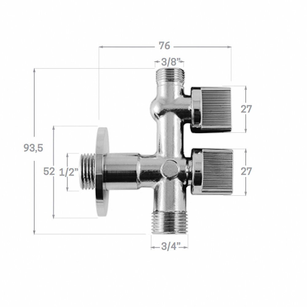 Llave De Escuadra Doble Salida 3/4" y 3/8". Entrada De 1/2". Llave De Paso Doble, Llave Angular Doble, Toma Lavadora Doble. 2 Llave De Escuadra Doble Salida 3/4" y 3/8". Entrada De 1/2". Llave De Paso Doble, Llave Angular Doble, Toma Lavadora Doble.